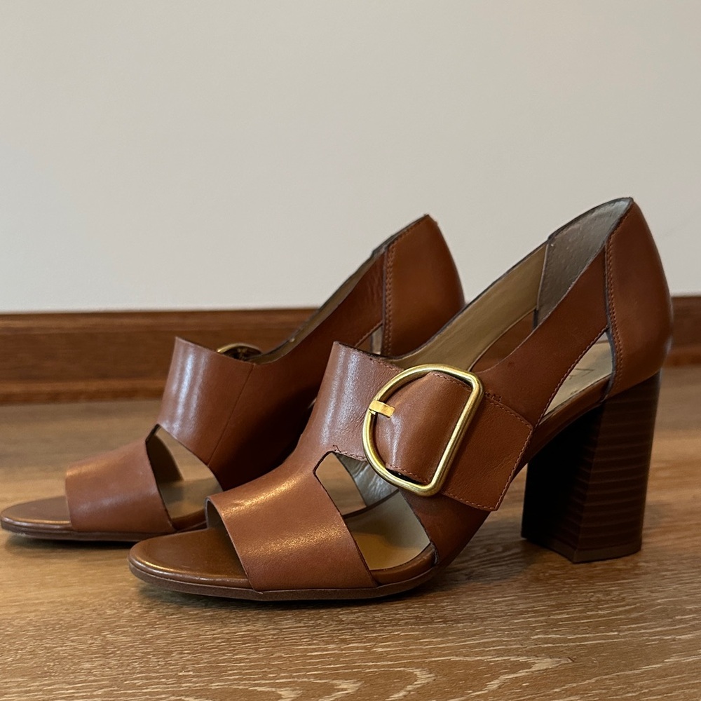 Franco Sarto Brown Leather Heels with Gold Buckle, size 6.5